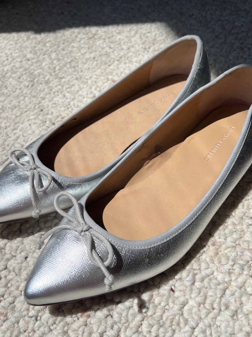Silver metallic pointed toe ballet flats